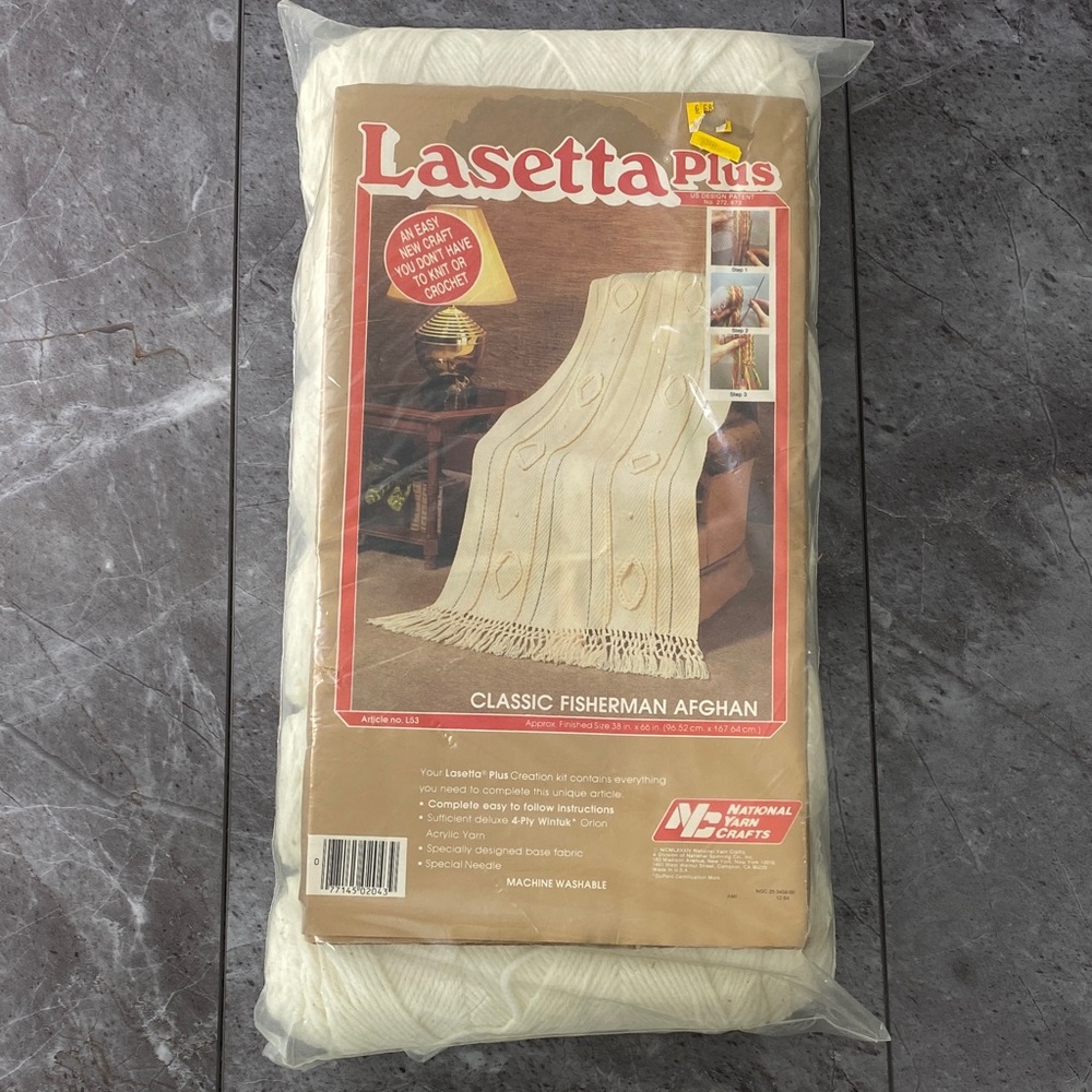 Vintage Lasetta Plus Classic Fisherman Afghan Kit Ivory Cream Yard Fringe DIY‎